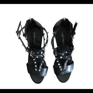 Marc Fisher Women Black Studded Heel Zip Back Platform Espadrille Wedge Shoes 8M